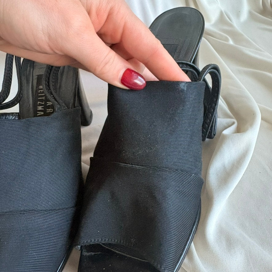 Stuart Weitzman Black Slingback Heels - Open Toe, Chunky Block Heel, Size 10