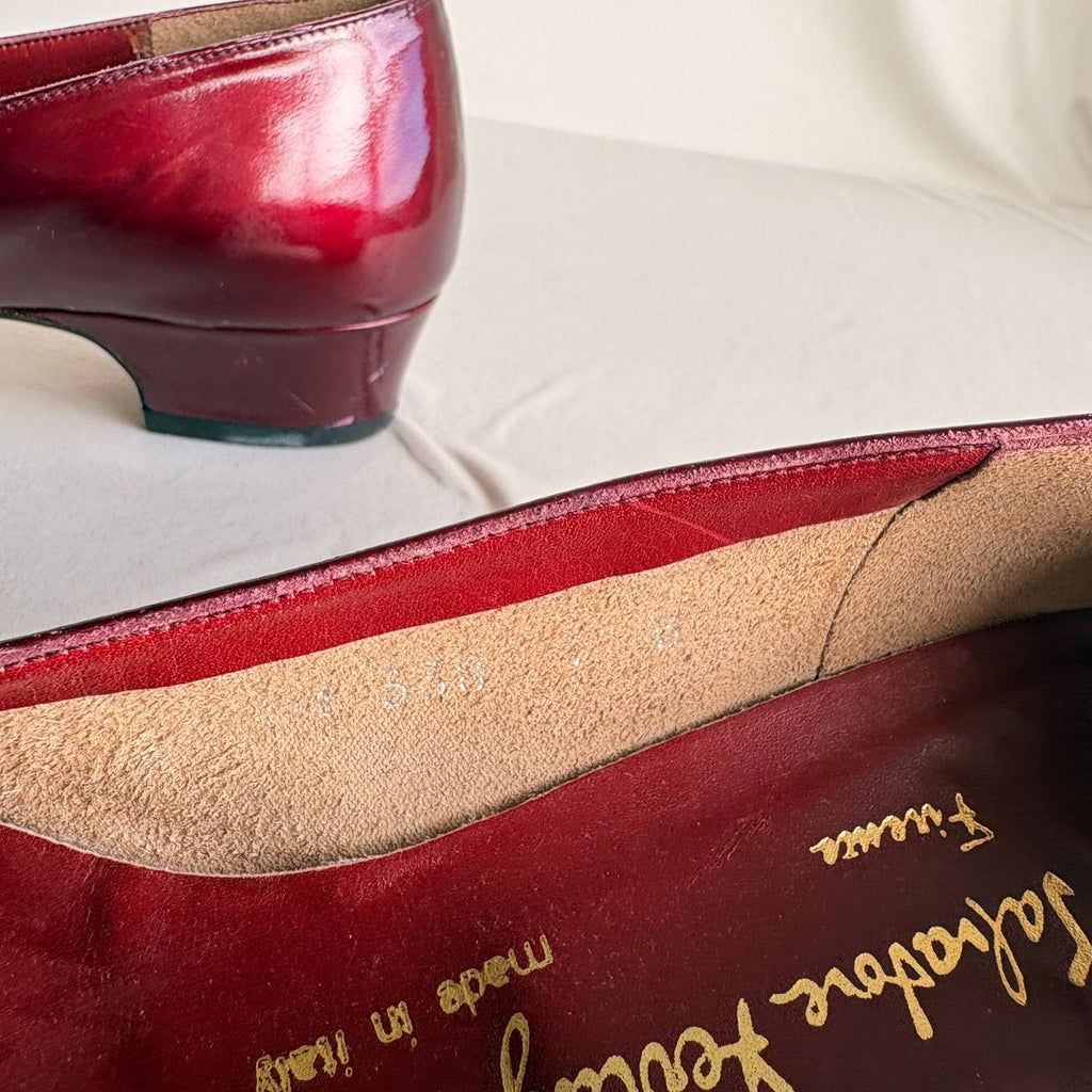Vintage Salvatore Ferragamo Burgundy Patent Leather Bow Heels - 90s, 7.5