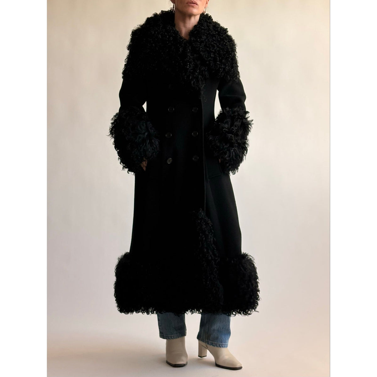 Vintage 1970s Black Wool & Mongolian Shearling Coat