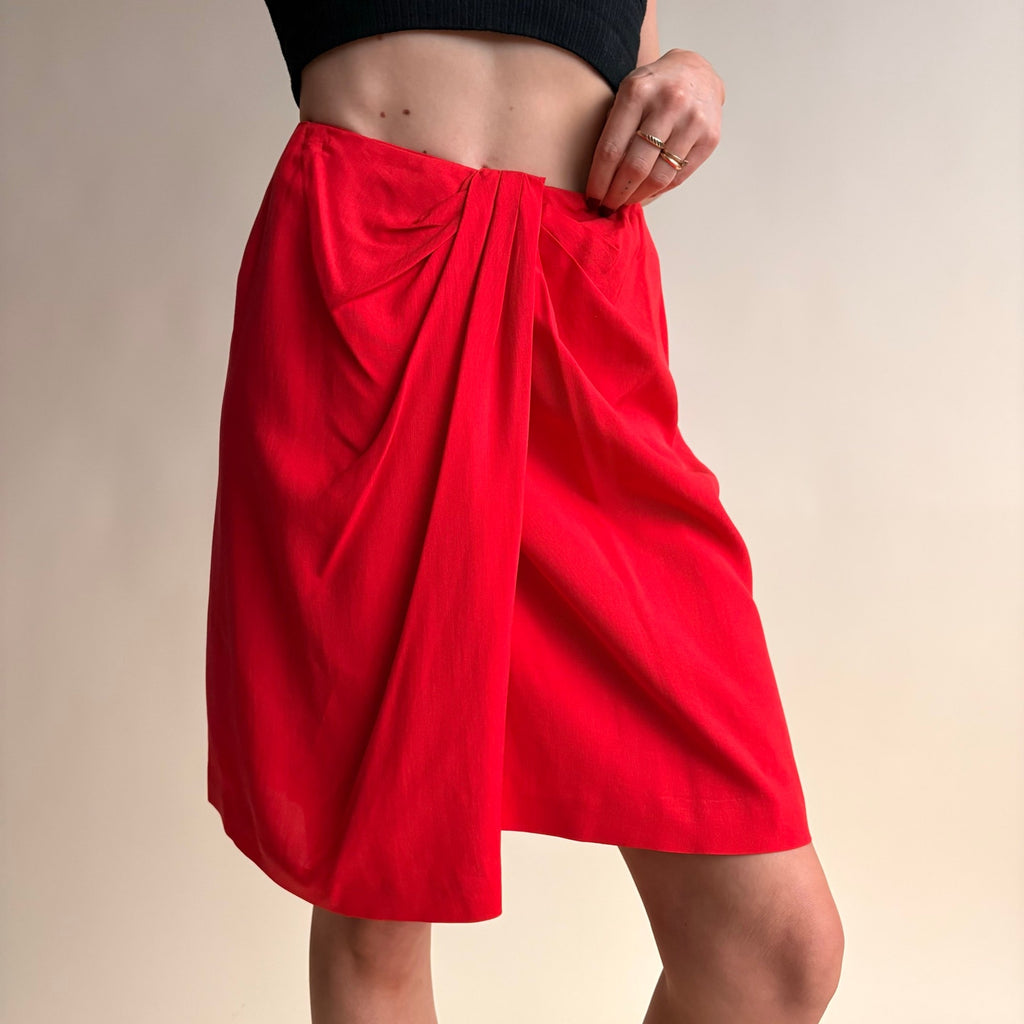 Anne Klein Red Silk Wrap Skirt - Sarong Style, Velcro Closure, Size 4