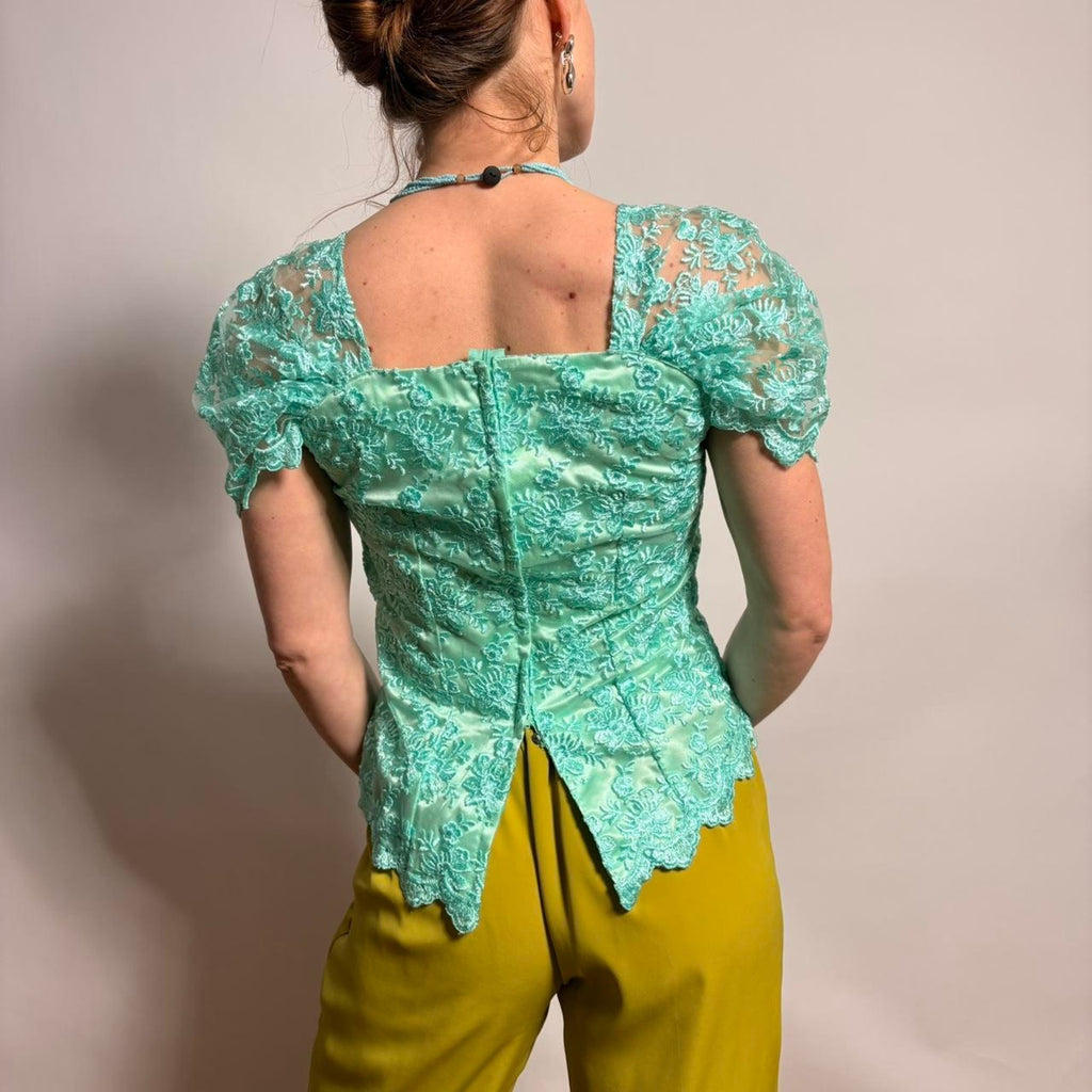 Vintage  Teal Lacy Cap Sleeve Blouse - Asymmetrical Hem- Small