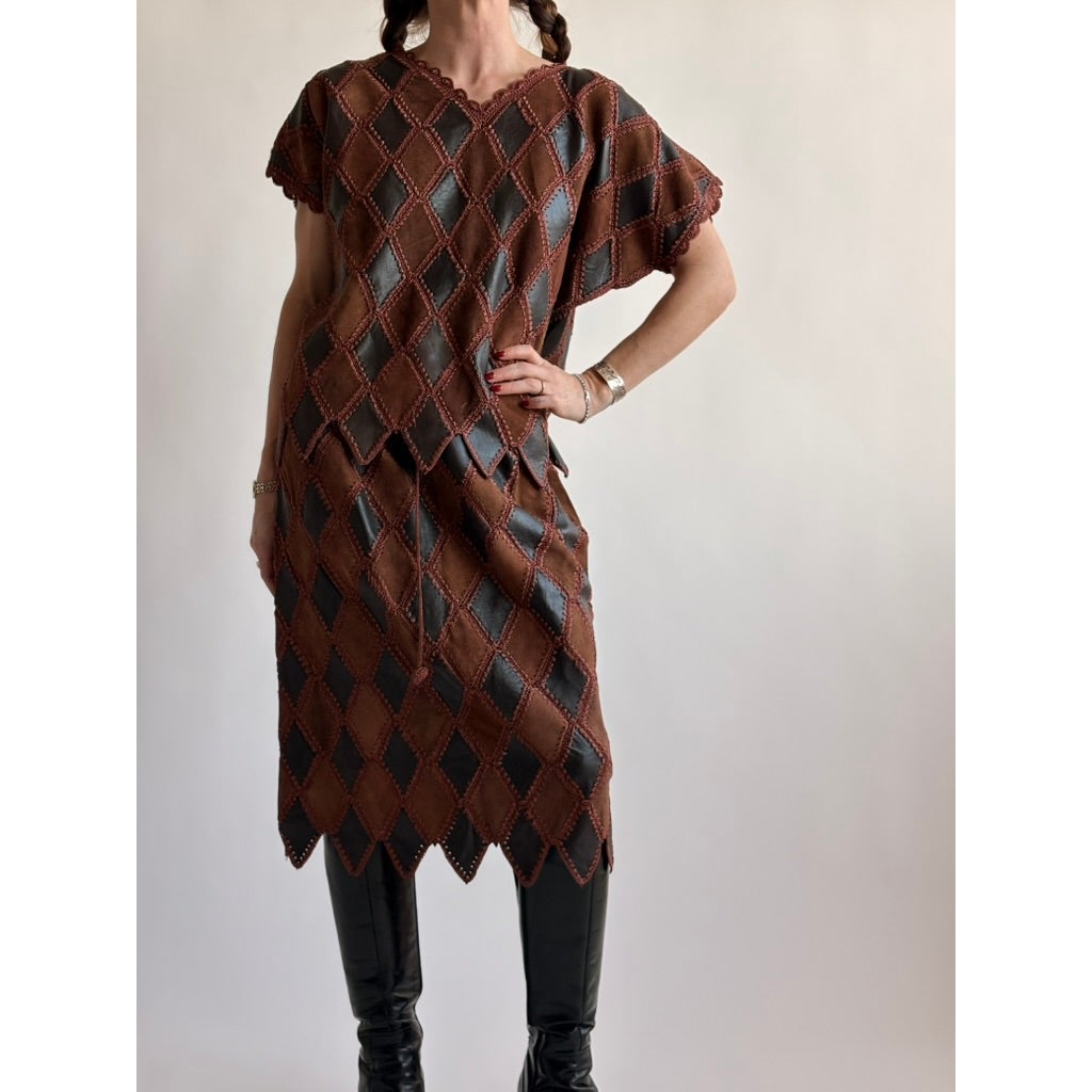 Vintage 1970s Handmade Turkish Diamond Patchwork Leather Skirt