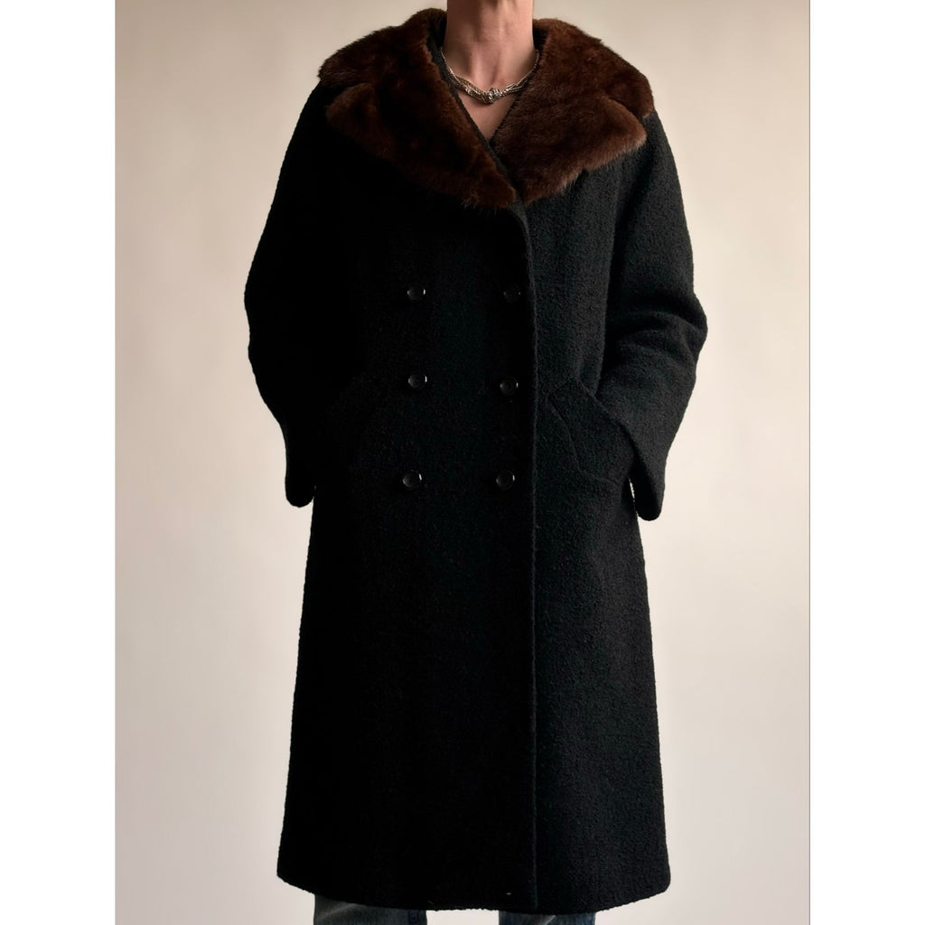 Vintage Woodward & Lothrop Black Wool Car Coat with Mink Fur Collar