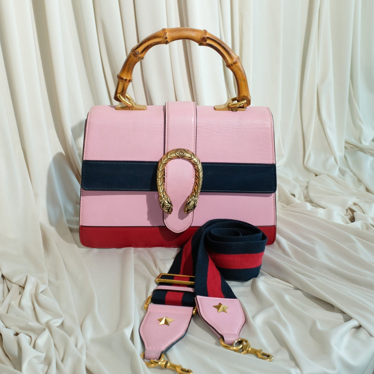 Gucci Dionysus Bamboo Medium Top Handle Bag Pink Leather Sylvie Web Strap