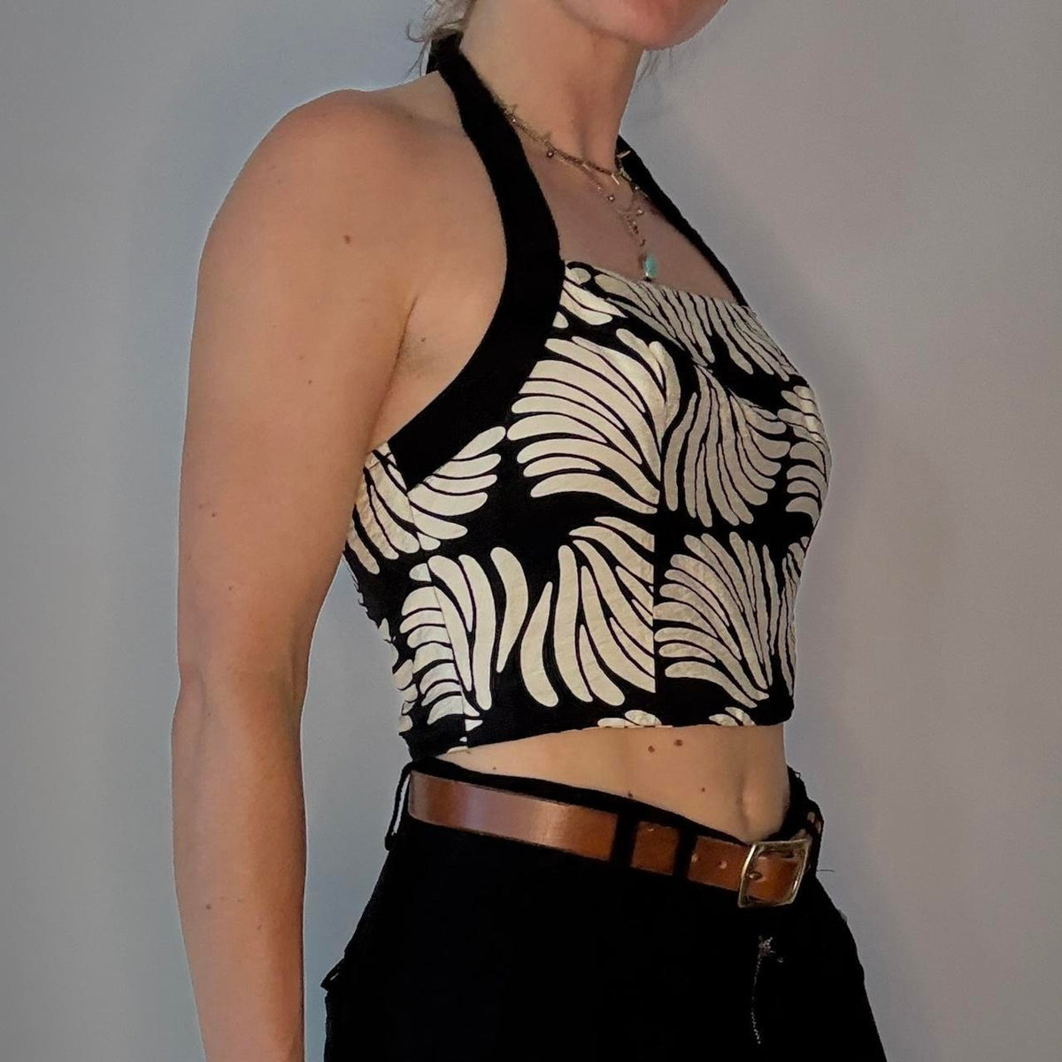 Black and White Abstract Floral Halter Top- size small