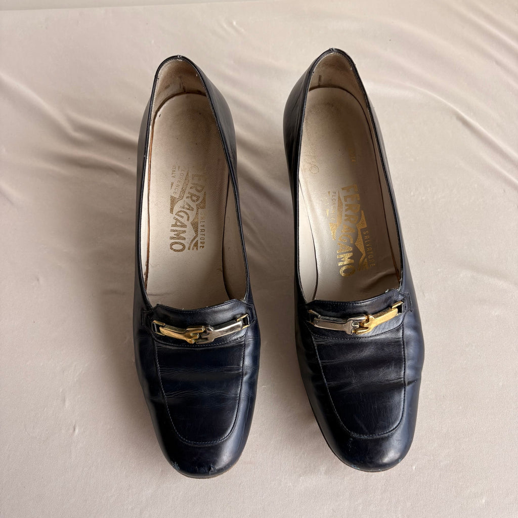 Vintage Ferragamo Navy Leather Heeled Loafers - Gold/Silver Hardware, 7.5