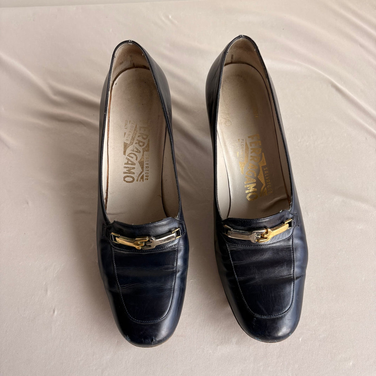 Vintage Ferragamo Navy Leather Heeled Loafers - Gold/Silver Hardware, 7.5
