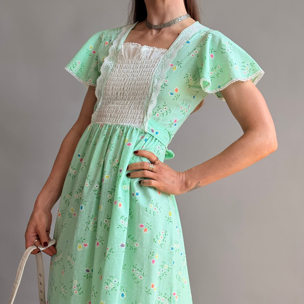Vintage 70s Sears Growing Girl  Green Floral Prairie Dress - Small