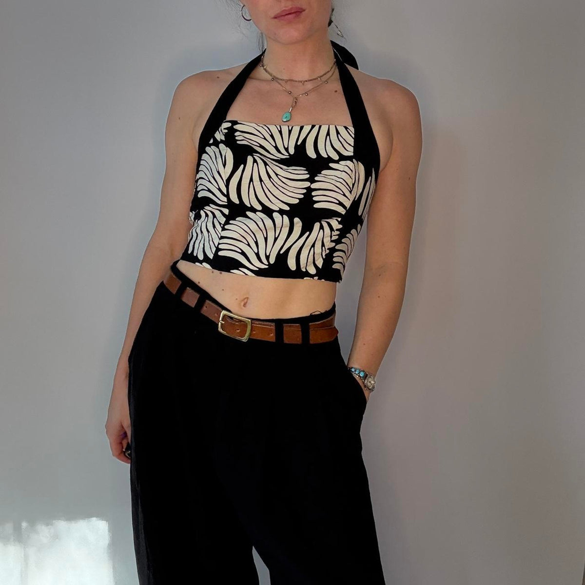 Black and White Abstract Floral Halter Top- size small
