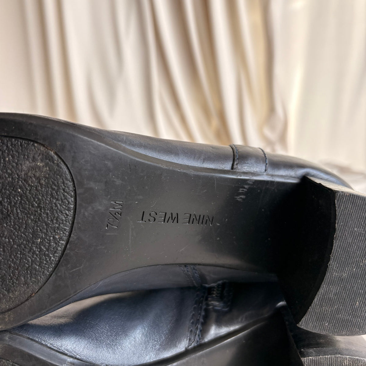 Vintage Navy Blue Leather Ankle Booties - Square Toe, Buckle Detail, 7.5