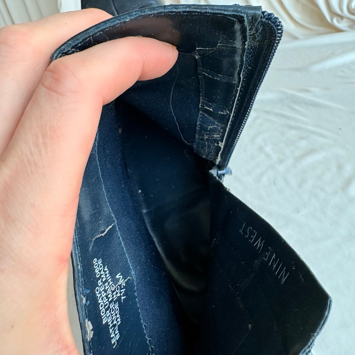 Vintage Navy Blue Leather Ankle Booties - Square Toe, Buckle Detail, 7.5