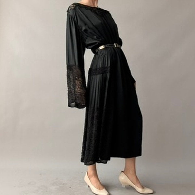 Antique 1920s Black Silk Satin Hand-Beaded Lace Shift Dress