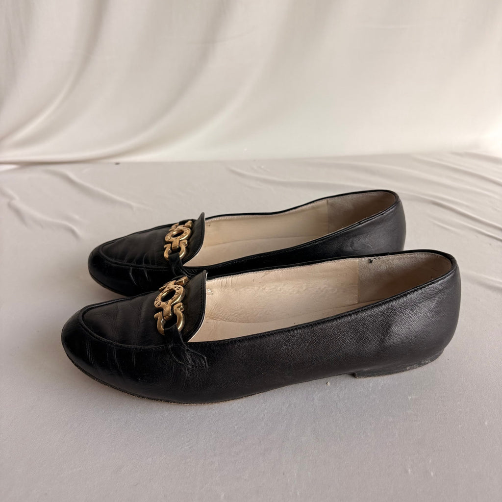 Vintage Joan & David Black Leather Loafers - Gold Gancini Hardware, Square Toe