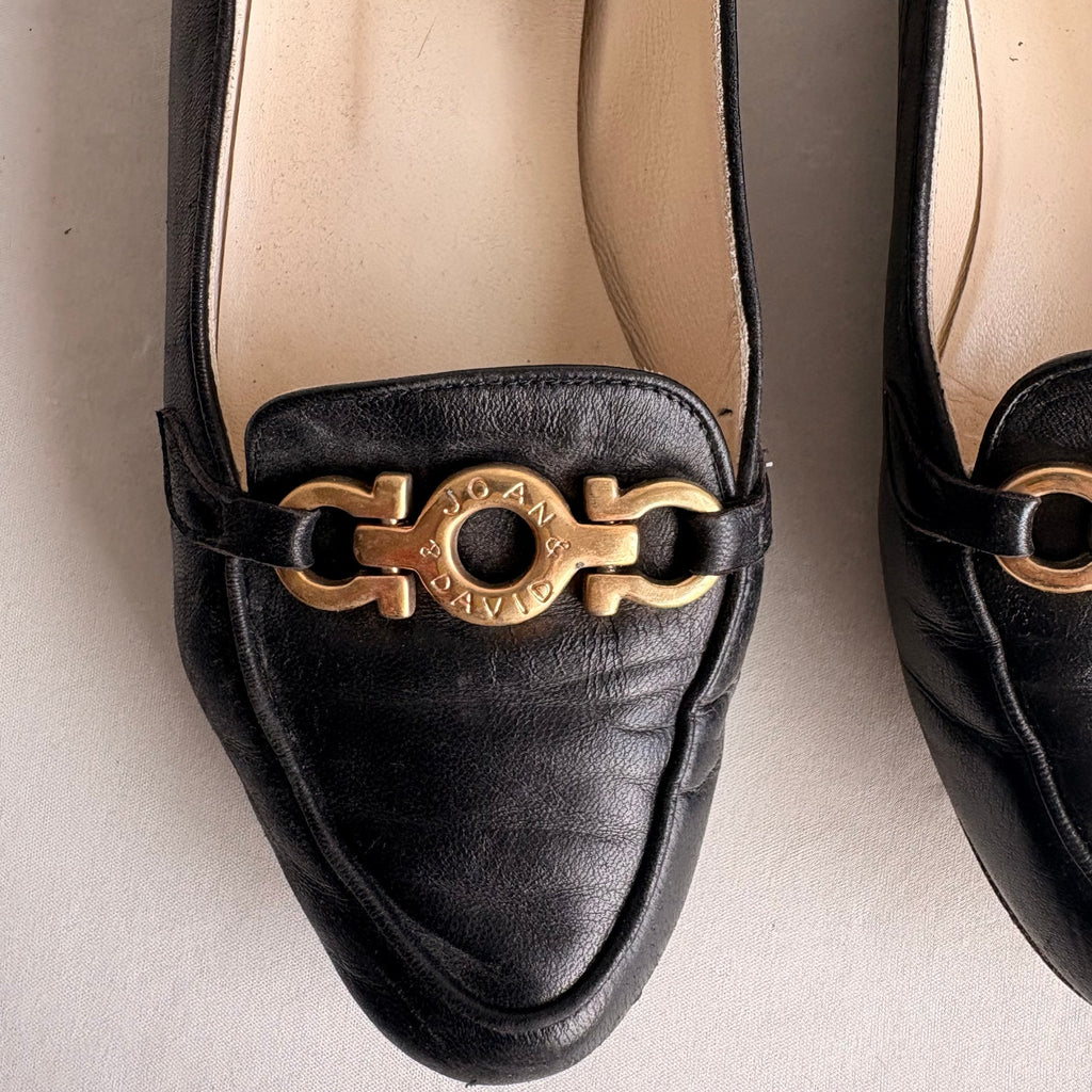 Vintage Joan & David Black Leather Loafers - Gold Gancini Hardware, Square Toe