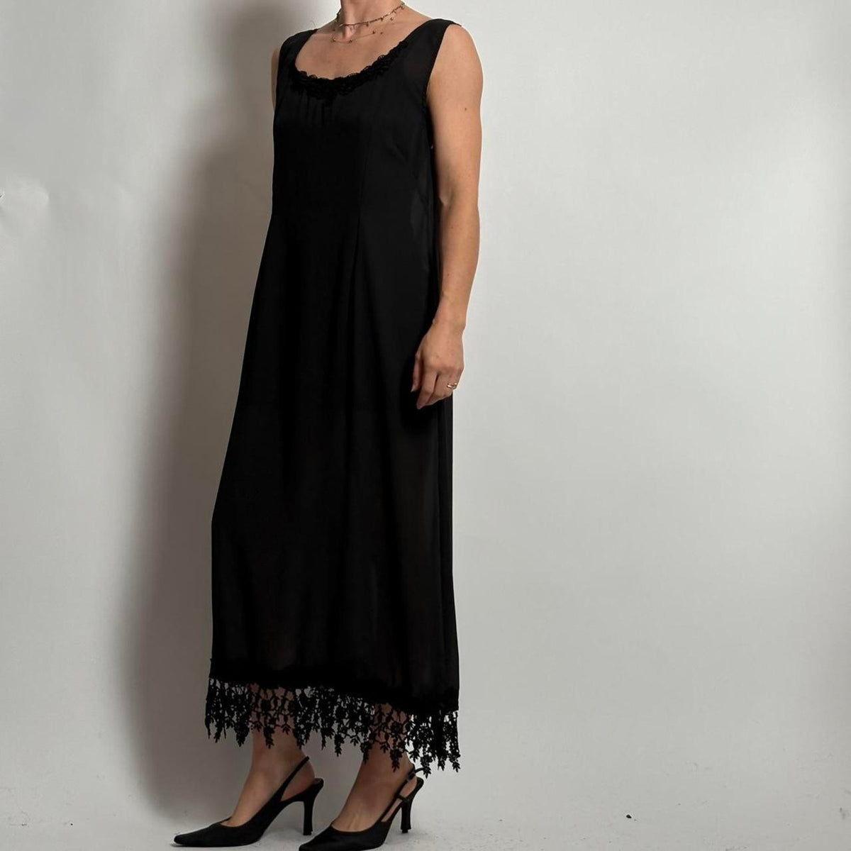 Vintage Alexander Brown Sheer Black Floral Maxi Dress - Lace Trim, Fits M/L
