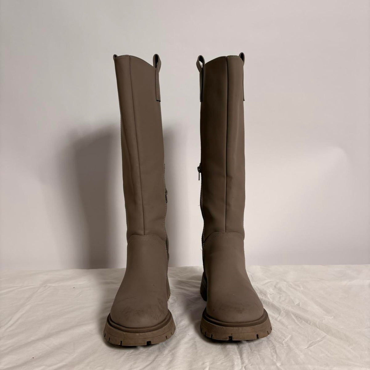Knee-High Platform Boots - Khaki/Grey, Size 8