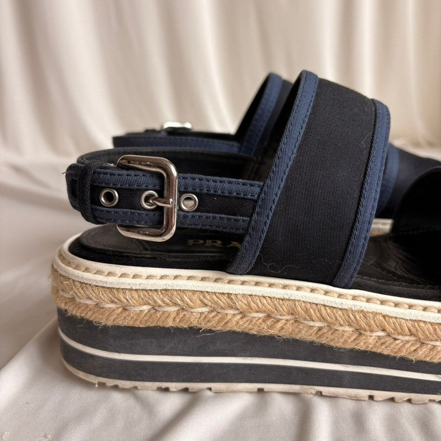 Prada Black & Baltic Blue Canvas Espadrille Platform Sandals - EU 37/US 7