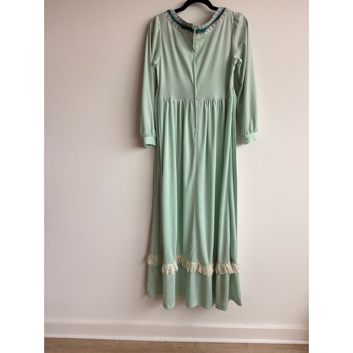 JCPenney Vintage 70s Mint Green Prairie Dress - Lace Trim