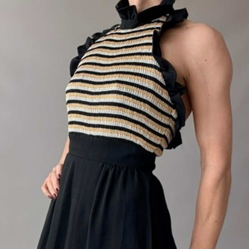 Vintage 70s Black & Gold Striped Halter Maxi Dress - Ruffle Hem
