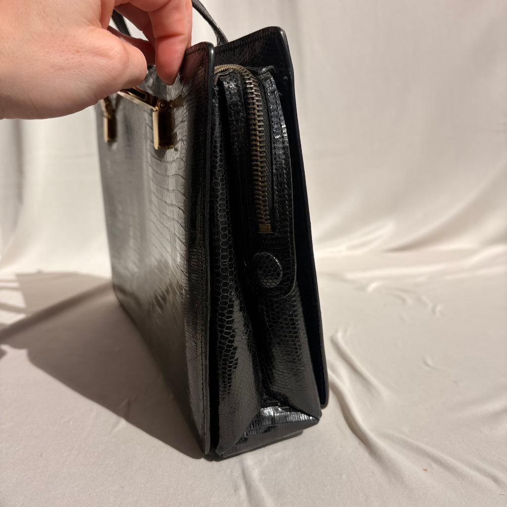Vintage Loewe Black Patent Croc-Embossed Leather Shoulder Bag