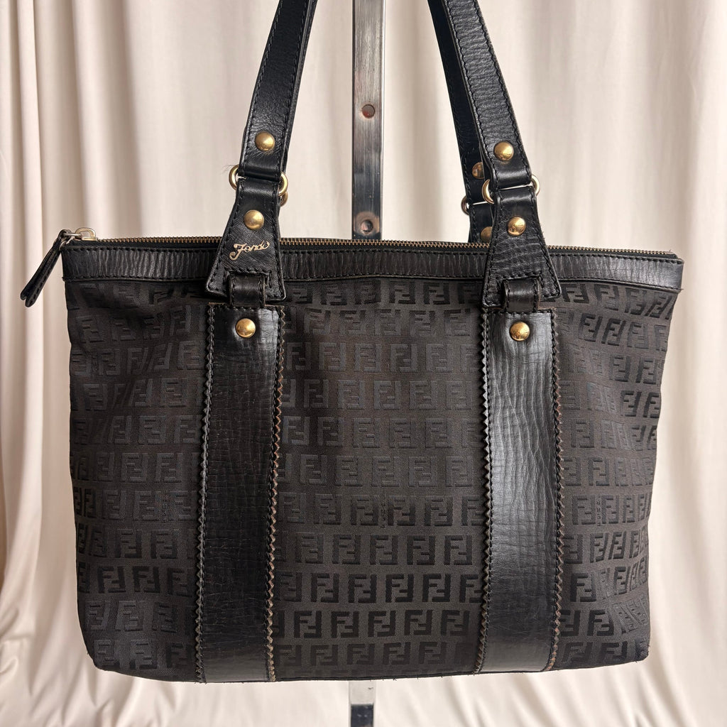 Vintage Fendi Zucchino Black Canvas & Leather Tote - Early 2000s