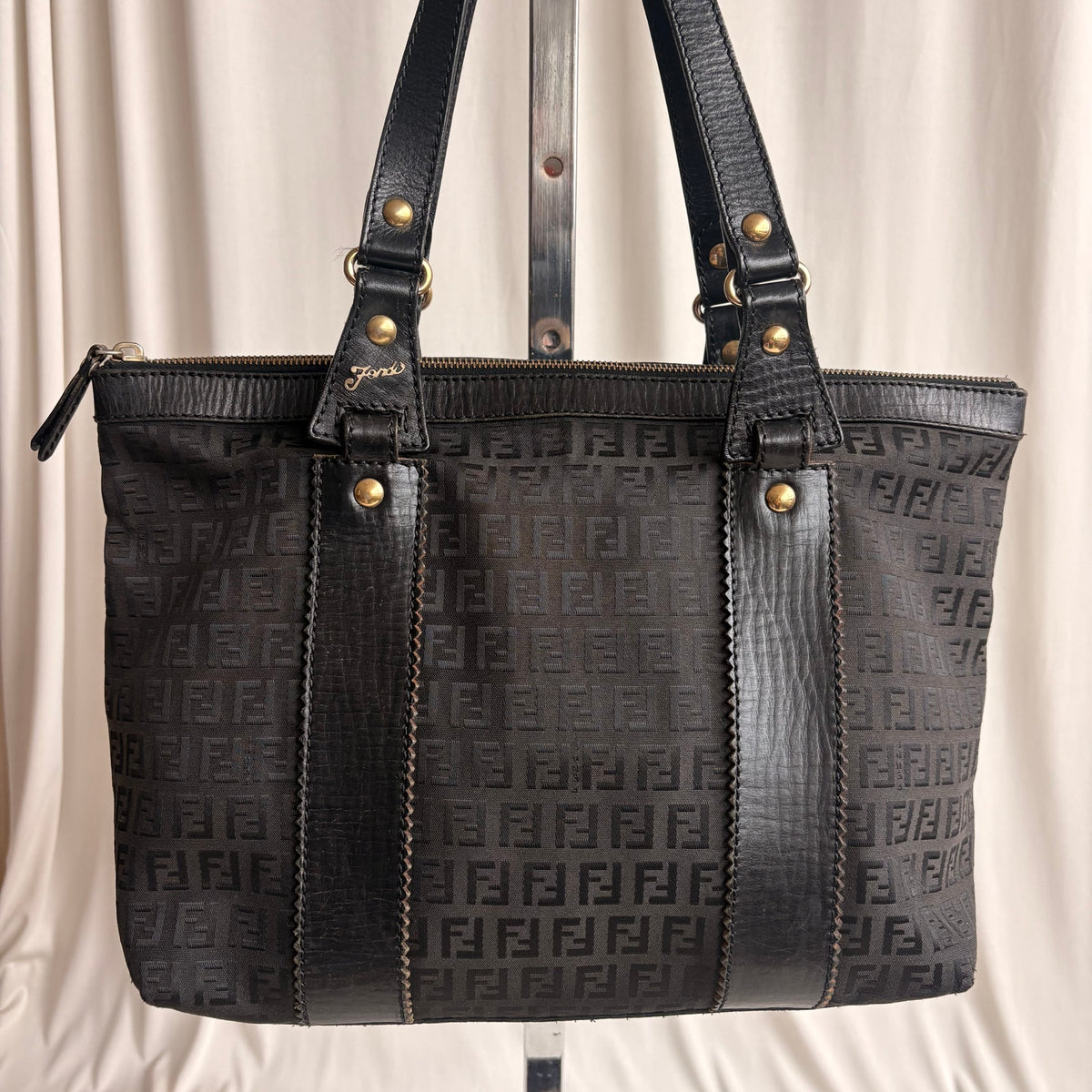 Vintage Fendi Zucchino Black Canvas & Leather Tote - Early 2000s