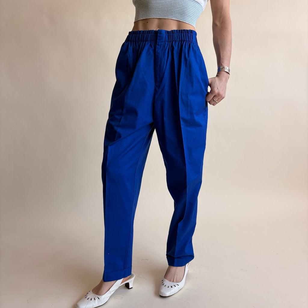Carol Reed Brilliant Blue High-Waisted Trousers - Cotton, Elastic Waist, Size 4