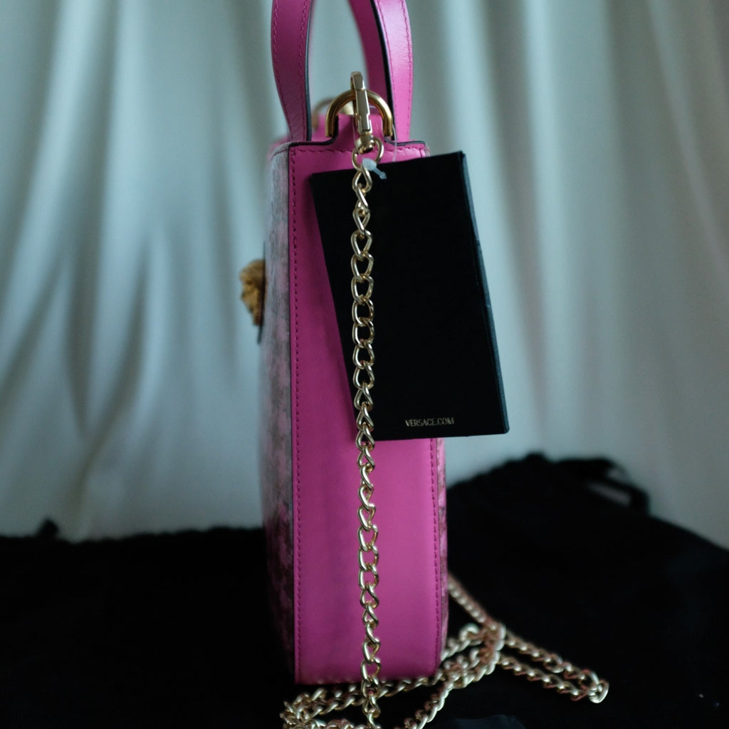 Versace La Medusa Calfskin Vinyl Mini Houndstooth Tote Bag Pink Multicolor Bag