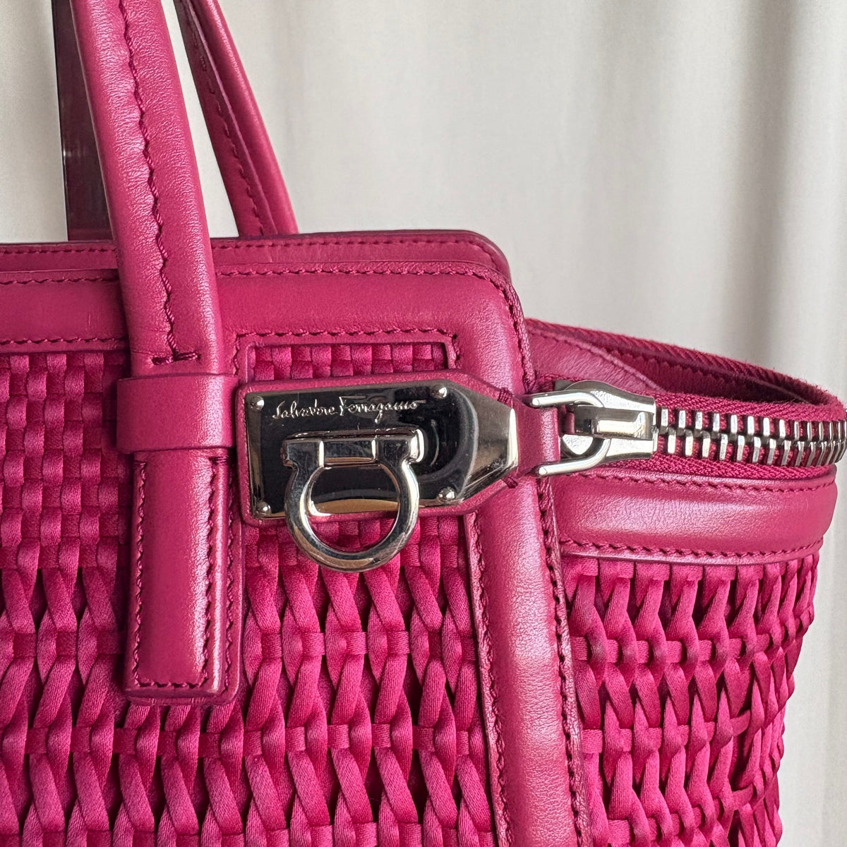 Salvatore Ferragamo Verve Pink Woven Satin Tote