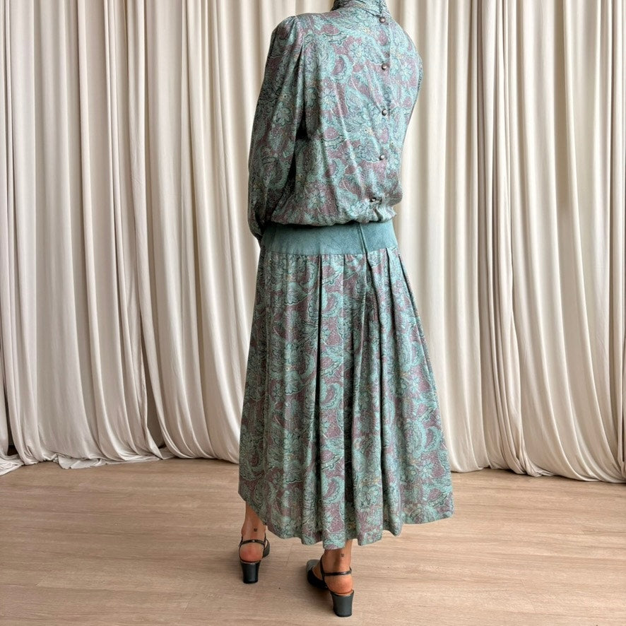 Annie Quince Teal Paisley Drop-Waist Maxi - 80s,Made in USA, Size 12 (Fits L)