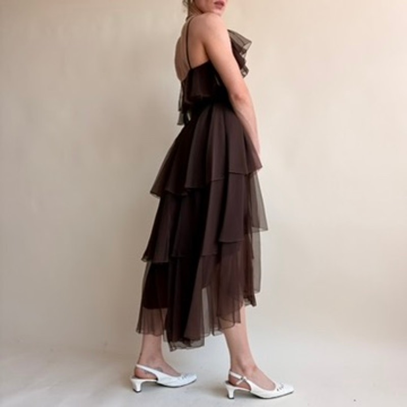 Patricia Murray Brown Ruffled Chiffon Dress - One-Shoulder, Fits Modern 0
