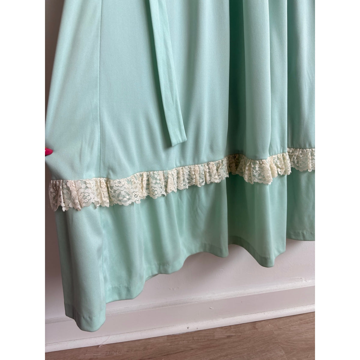 JCPenney Vintage 70s Mint Green Prairie Dress - Lace Trim
