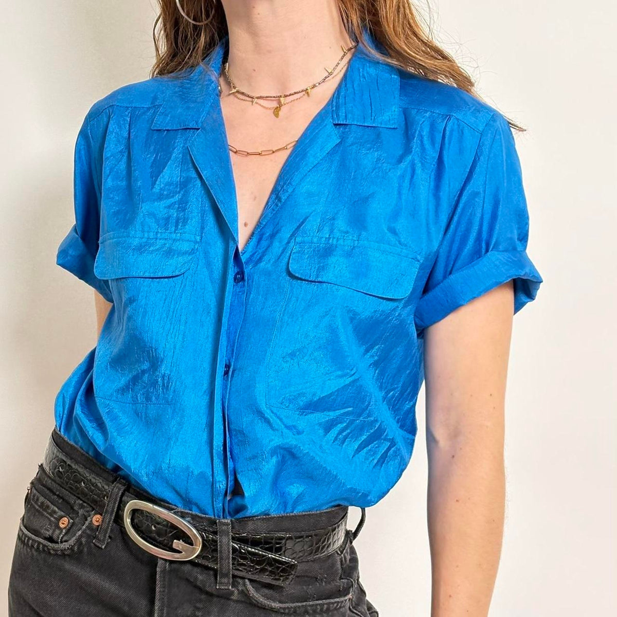 Vintage Laura & Jayne Crinkle Top ~ Iridescent Blue!