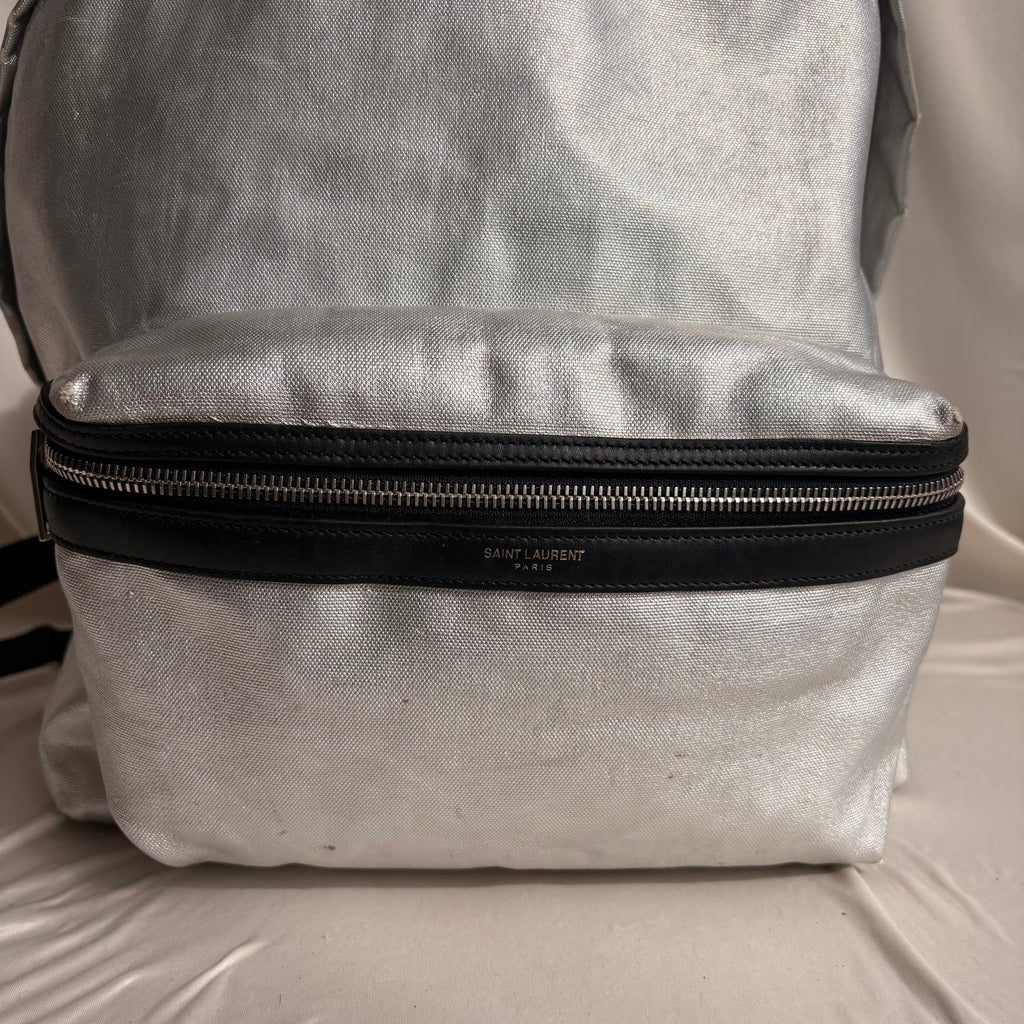 Saint Laurent Silver Metallic Leather City Backpack, 2017
