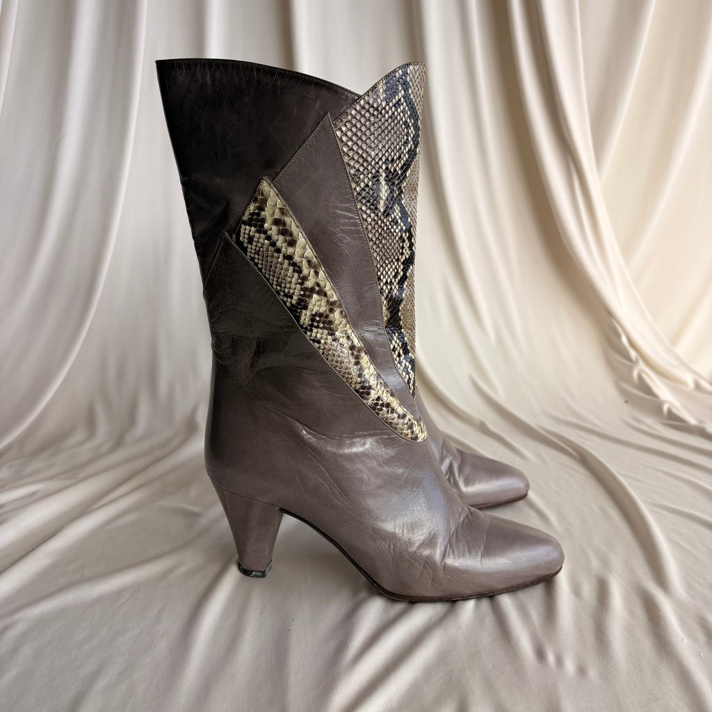 Bruno Magli Color-Block Mid-Calf Boots -  Grey & Snakeskin, EU 36