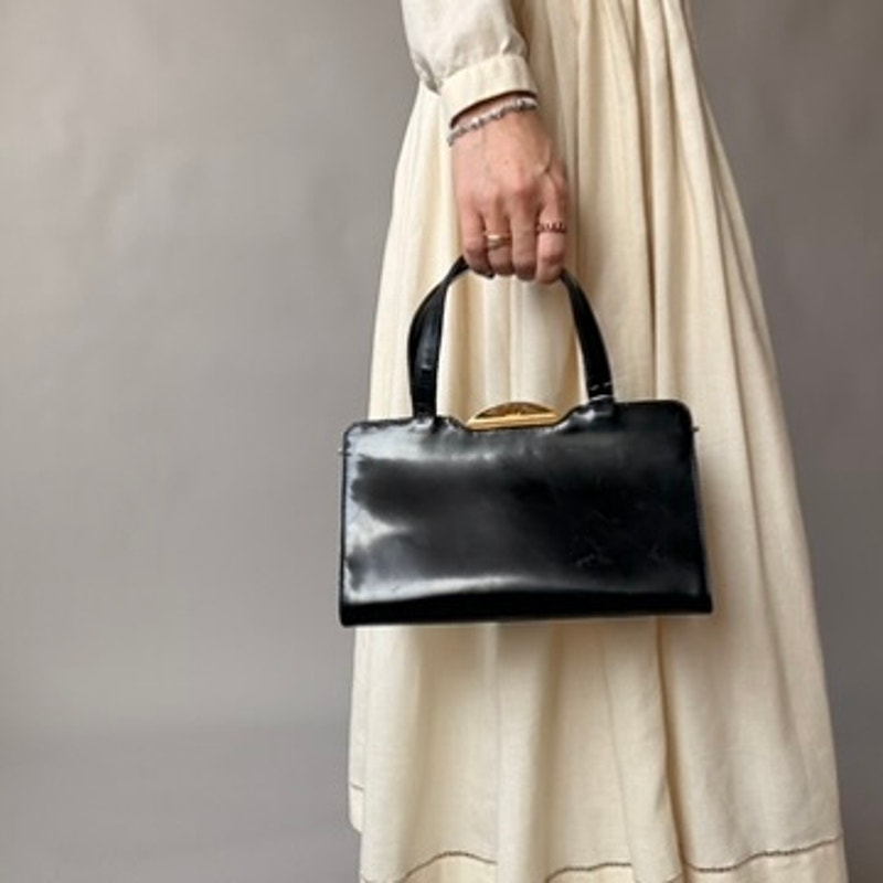 Vintage Valentino 80s Black Patent Leather Bag w/ Gold Clasp