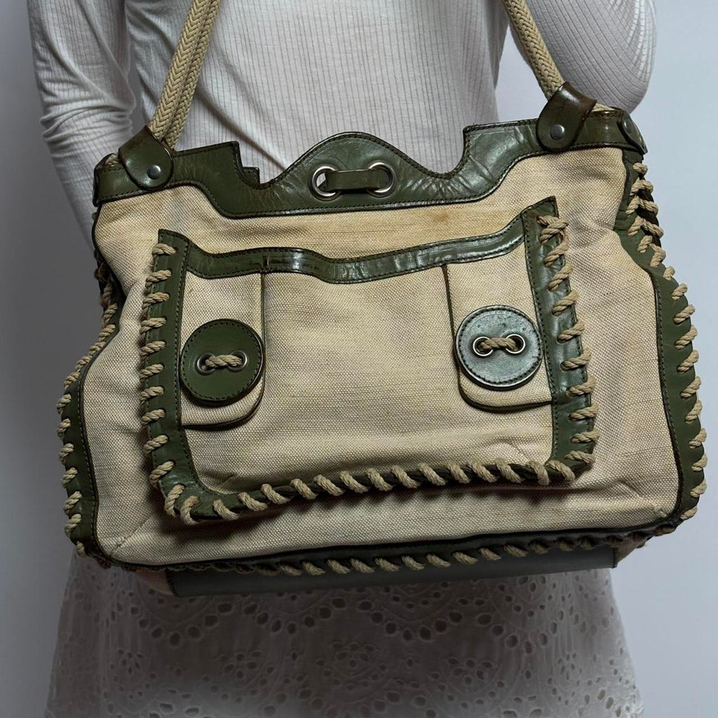 Jamin Puech Paris Canvas & Olive Green Leather Tote