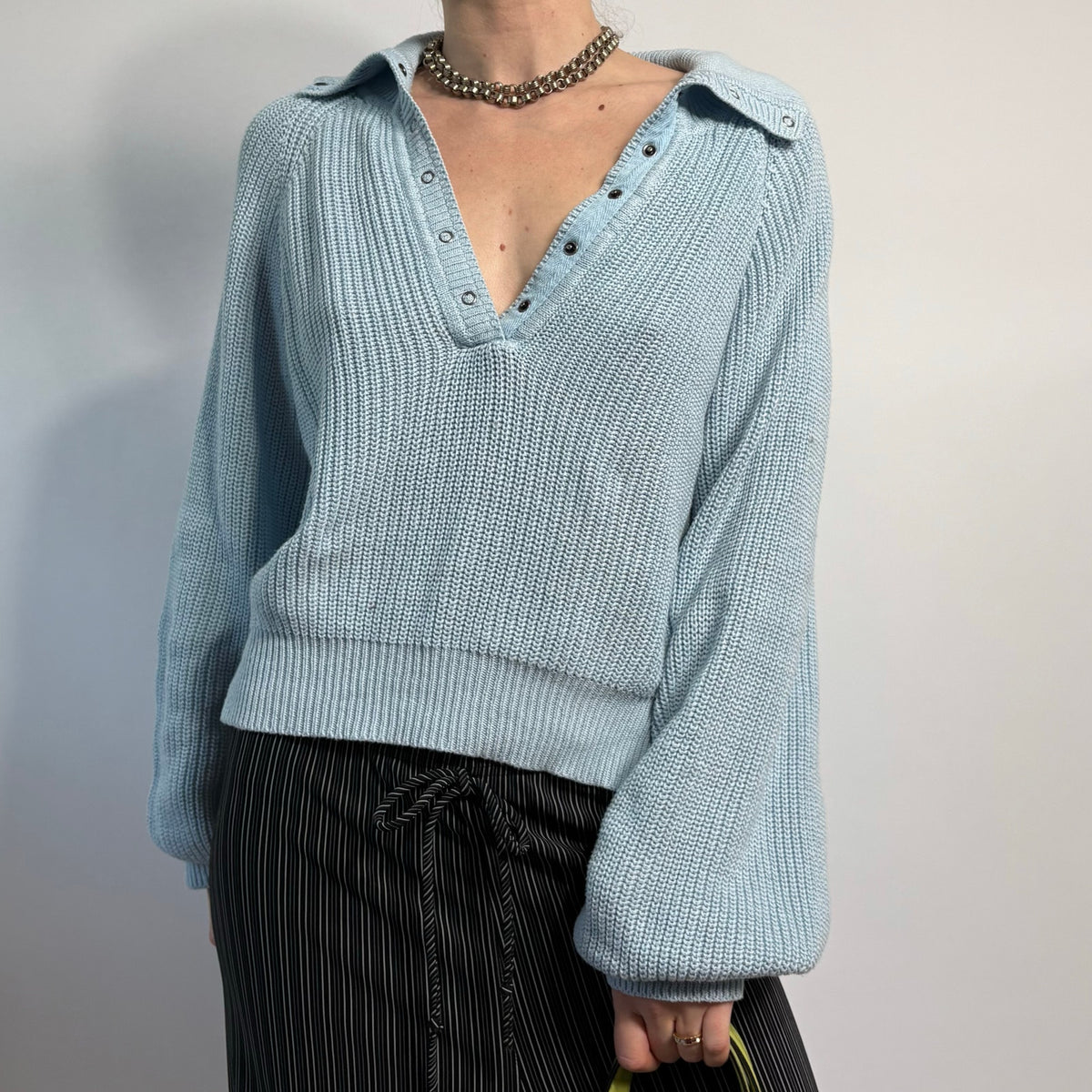Baby Blue V-Neck Sweater with Button Collar - Medium