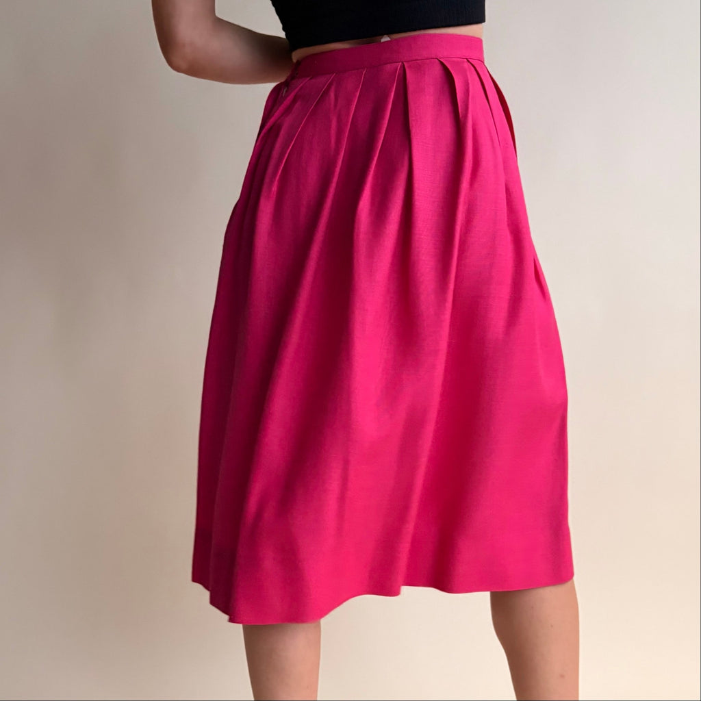 Hot Pink Pleated Midi Skirt - 50s/60s Vintage, Breezy Cotton Blend, Size 4