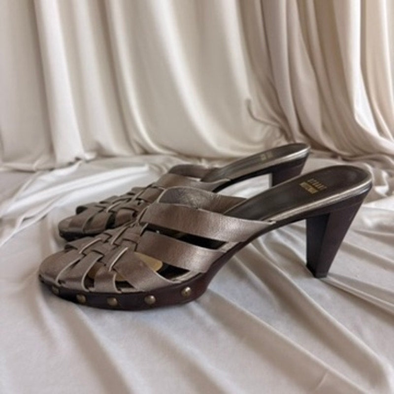 Stuart Weitzman Metallic Woven Mules - Studded Wooden Sole, Platform, Size 10