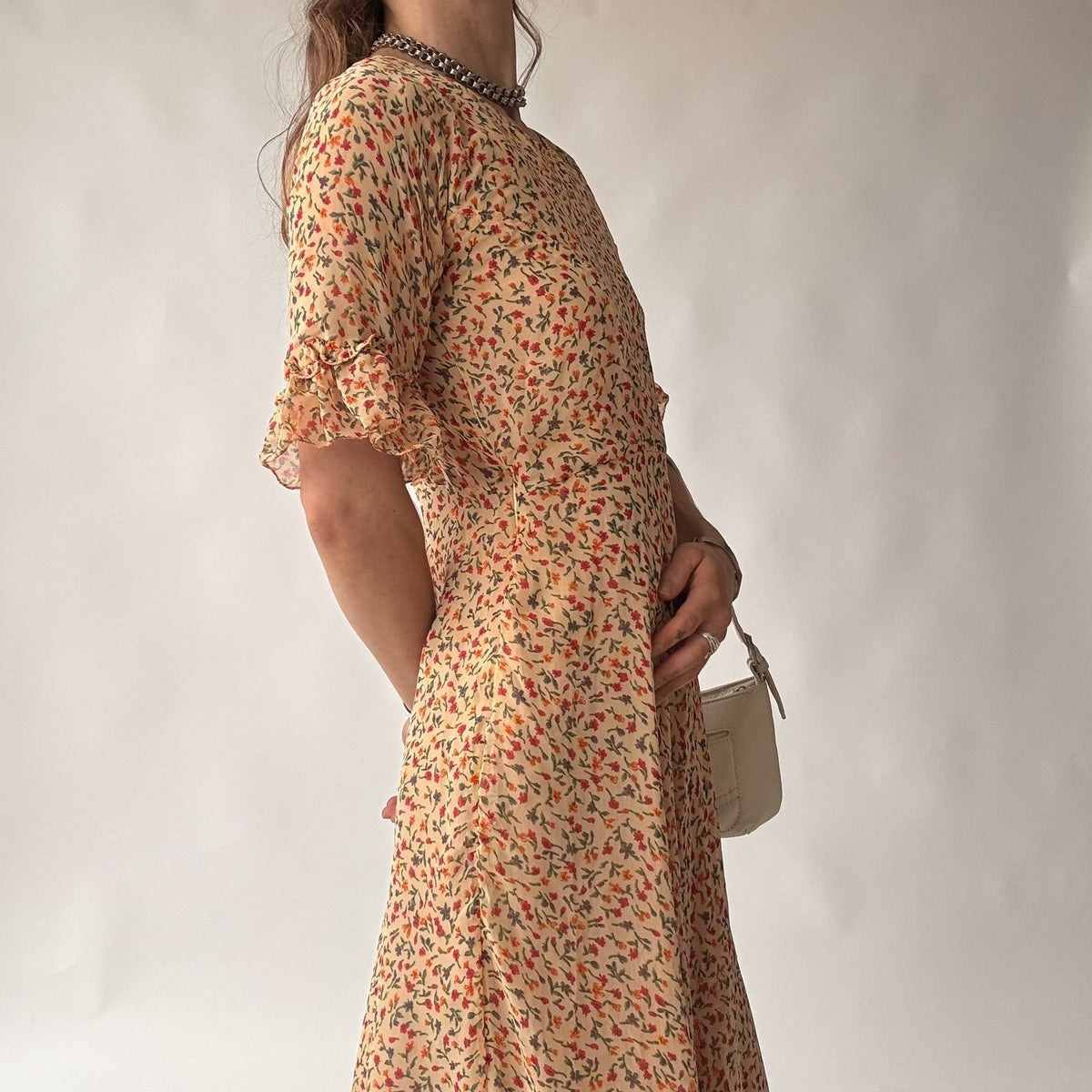 Vintage 70s Handmade Ditsy Floral Chiffon Maxi Dress - Small