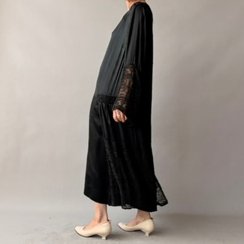 Antique 1920s Black Silk Satin Hand-Beaded Lace Shift Dress