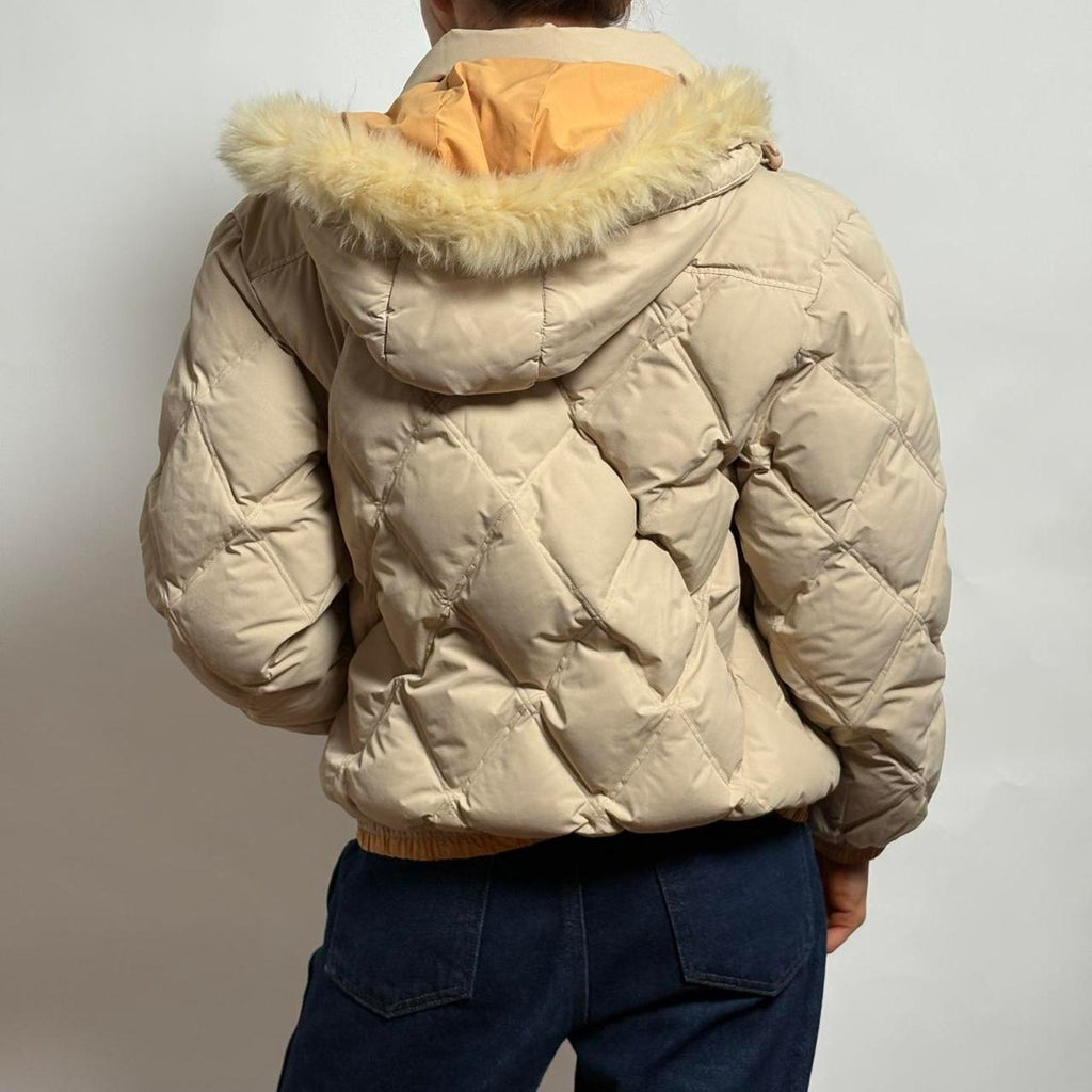 Cream Quilted Cropped Puffer Jacket w/ hood - Small