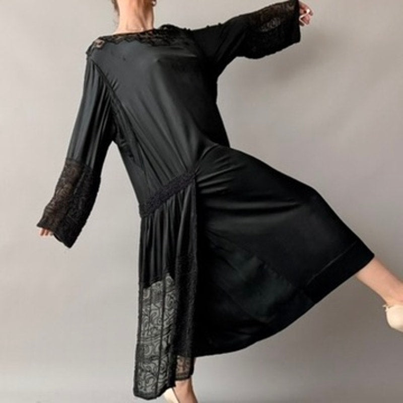 Antique 1920s Black Silk Satin Hand-Beaded Lace Shift Dress