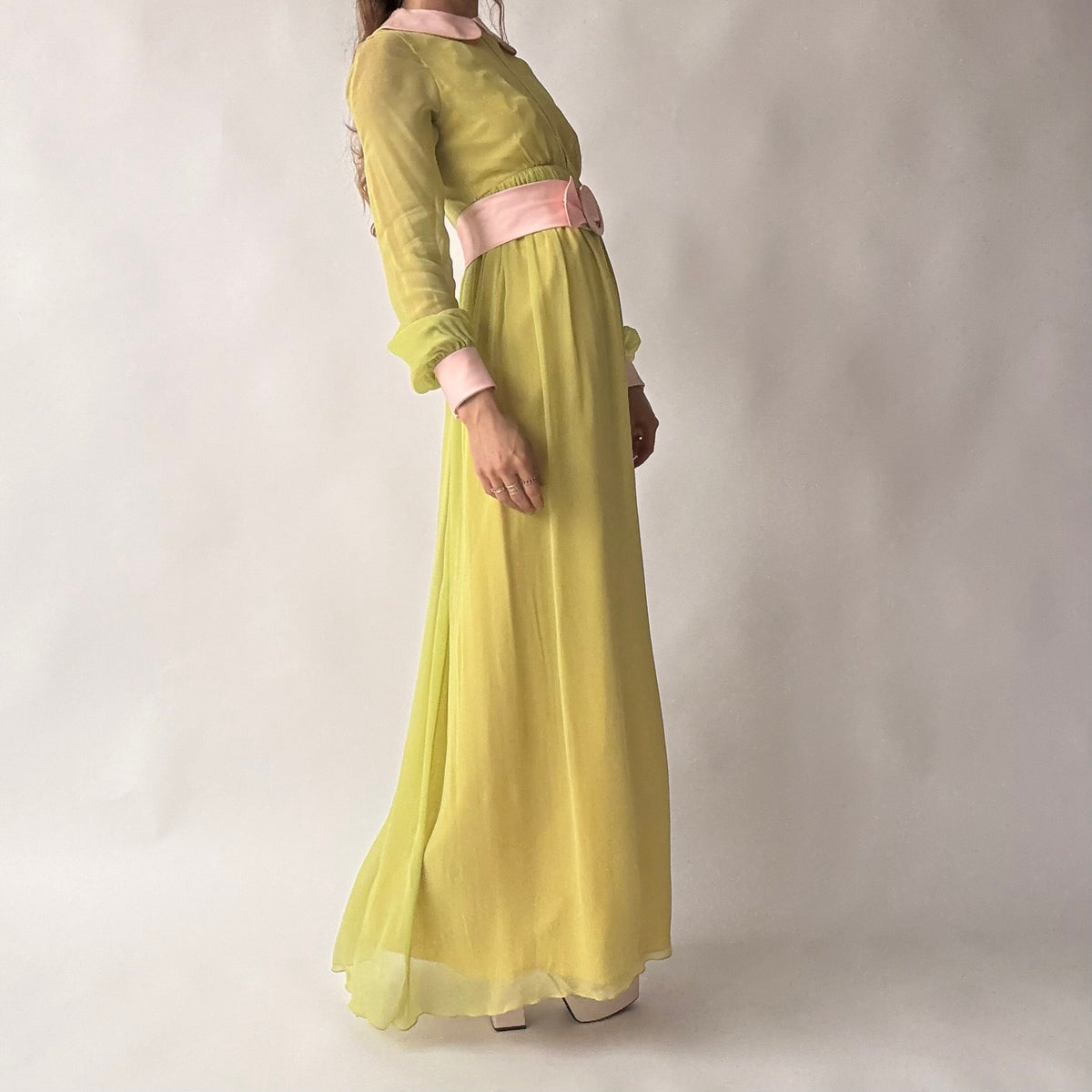 Vintage 60s/70s Chartreuse Peter Pan Collar Maxi Dress w/ Belt