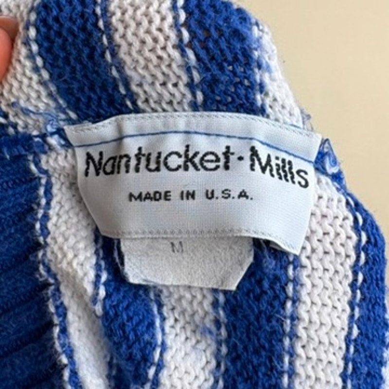 Nantucket Mills Striped Turtleneck - White & Blue, Made in USA, Size M