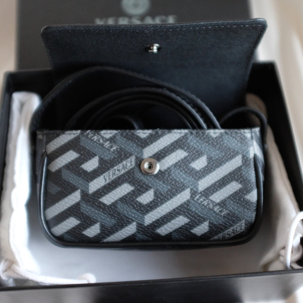 Versace La Greca Mini Bag Coated Canvas Monogram & Calf Leather -Black + Gray