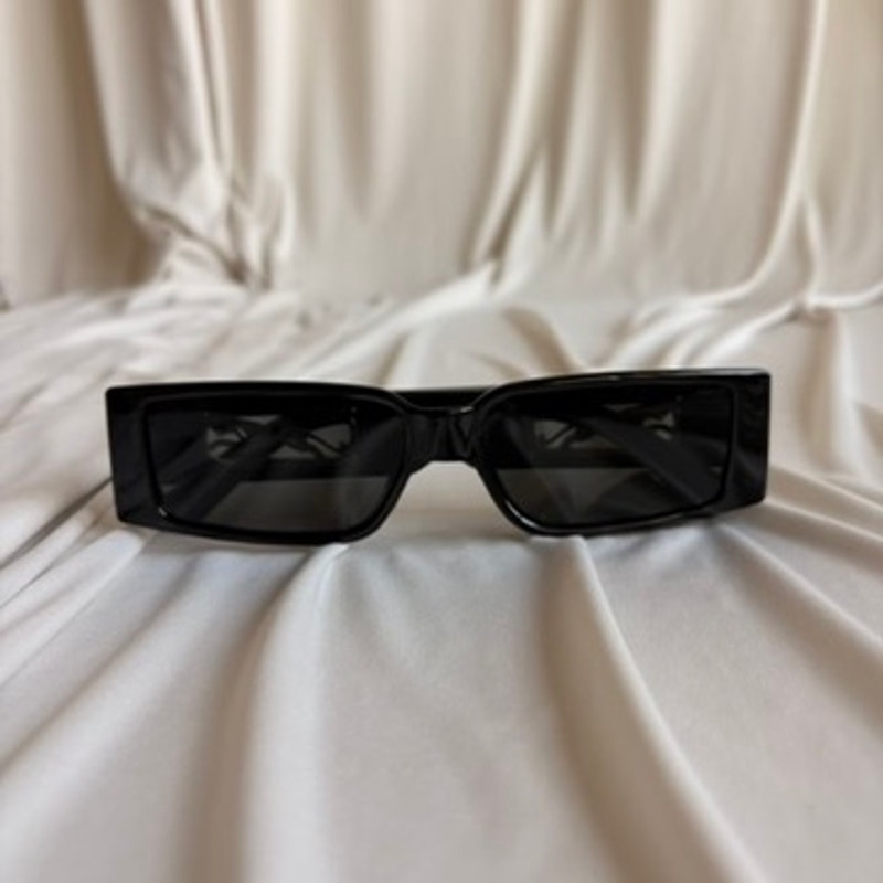 Narrow Black Rectangular Sunglasses - Gold Cheetah Emblem, Cutout Temple Detail