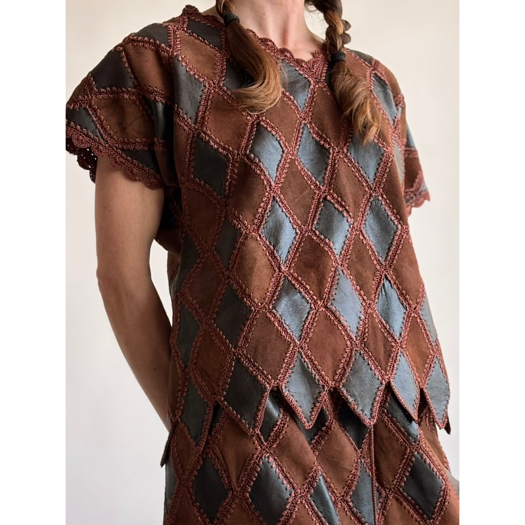 Vintage 1970s Handmade Turkish Diamond Patchwork Leather Top