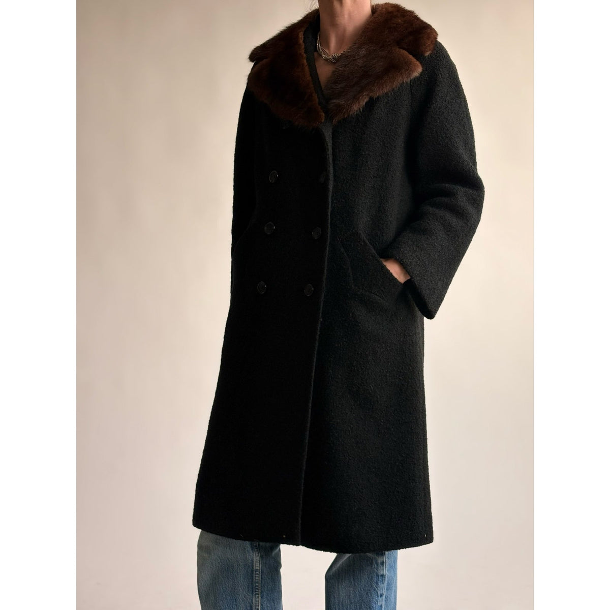 Vintage Woodward & Lothrop Black Wool Car Coat with Mink Fur Collar